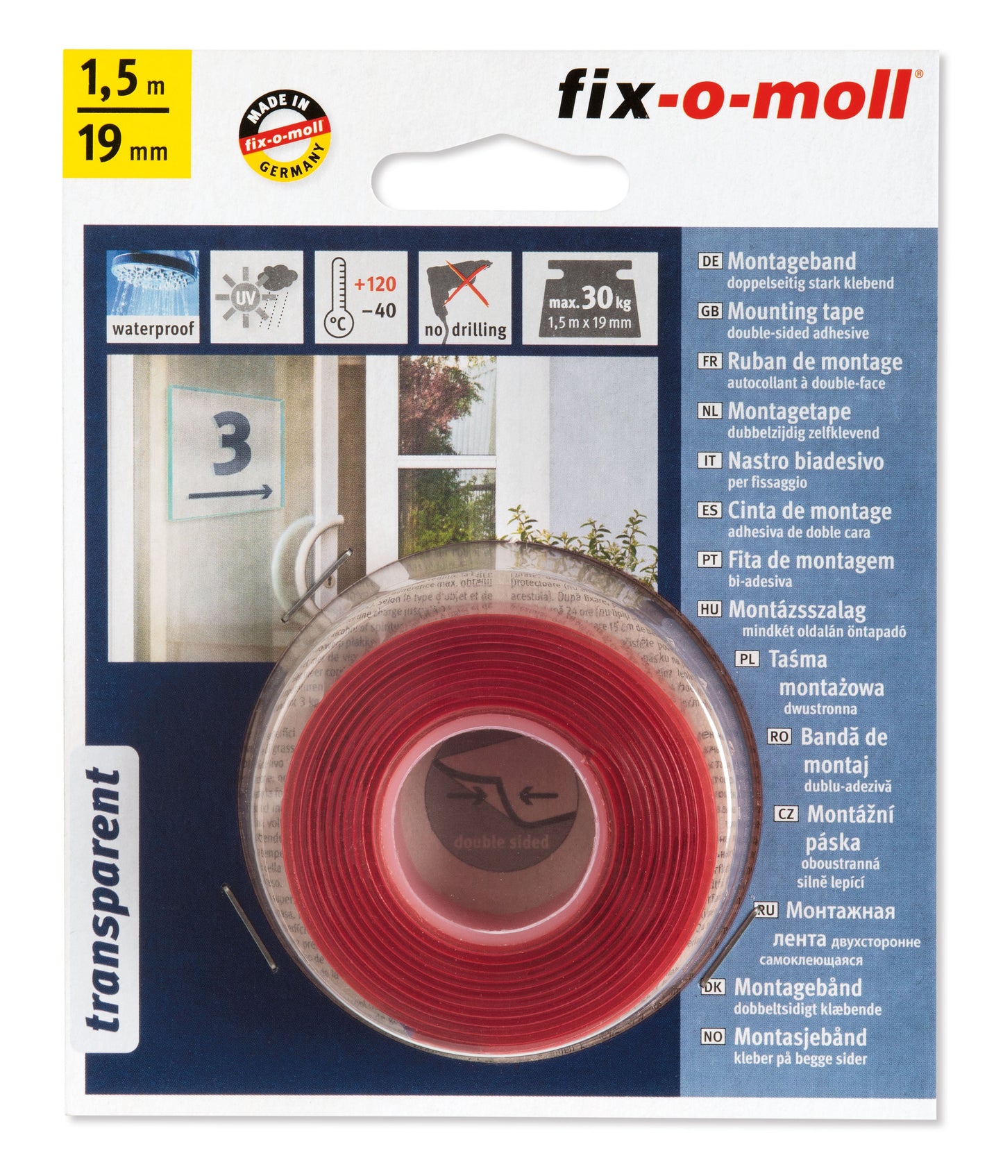 Monteringstape 1,5mx19mm 30kg Transp.
