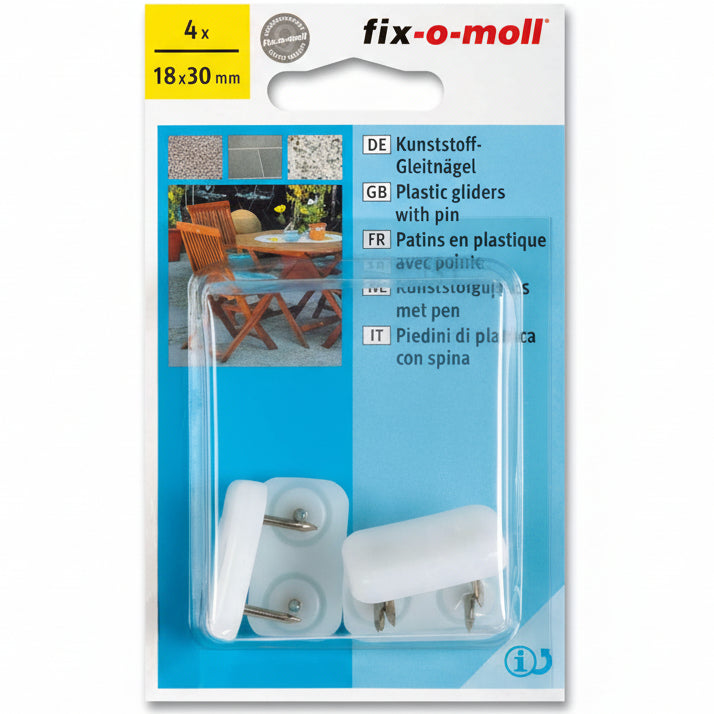 Plastglider Hage Hvit m stift 18mm x 30mm (4 stk)